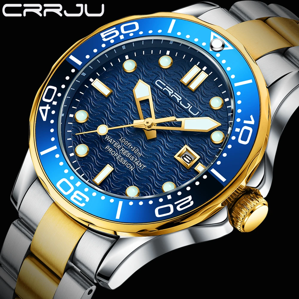 

2021 CRRJU New Men's Japan Quartz Watches GMT Watch 44mm Sapphire Stainless Steel Waterproof Watch Reloj Hombre