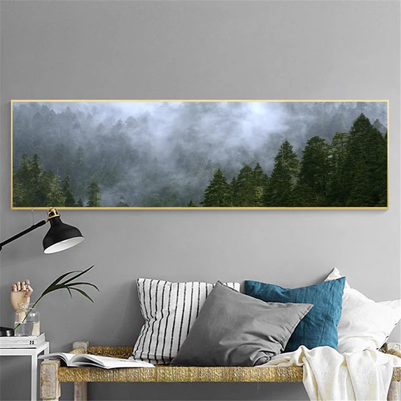 Nordic Minimalist Foggy Pine Forest Canvas Painting Dark Landscape Misty Trees Wall Picture Living Room Home Decor No Frame