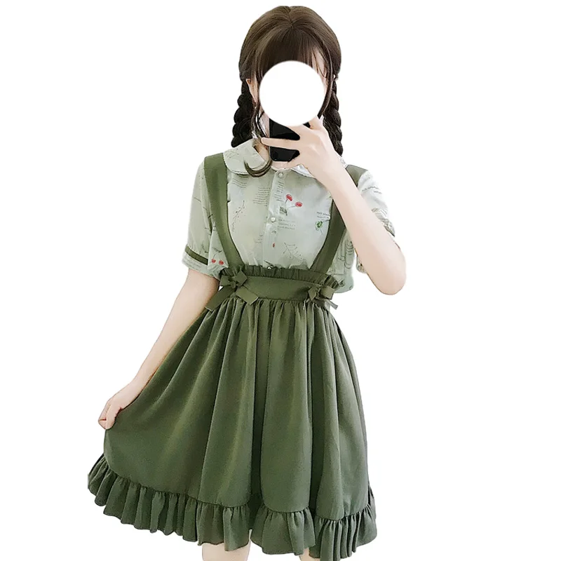 School Girls Cute Suspender Skirt Japanese Lolita Cosplay Kawaii A-line Pleated Skirt Korean Style Vintage Ruffle Green Skirts