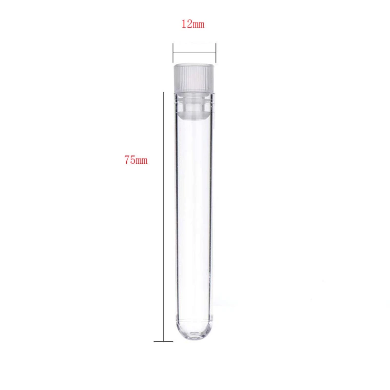 Tubes à essai en plastique transparent avec bouchon à vis blanc, conteneurs d\'échantillon, bouteilles à poussoir 12x75mm, 100 pièces