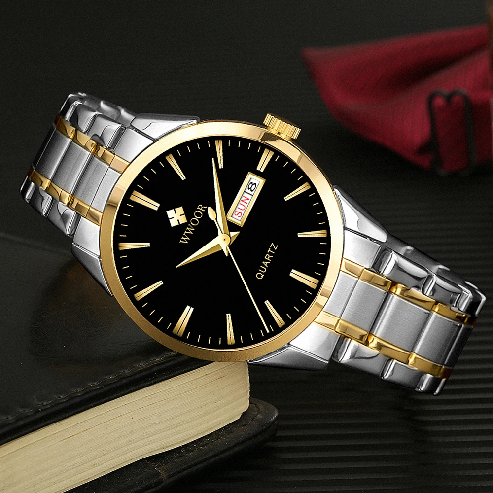 WWOOR Top Brand Luxury Man's Watches Waterproof Date Week Watch For Men Stainless Steel Quartz Male Watch Male Reloj Hombre Gift