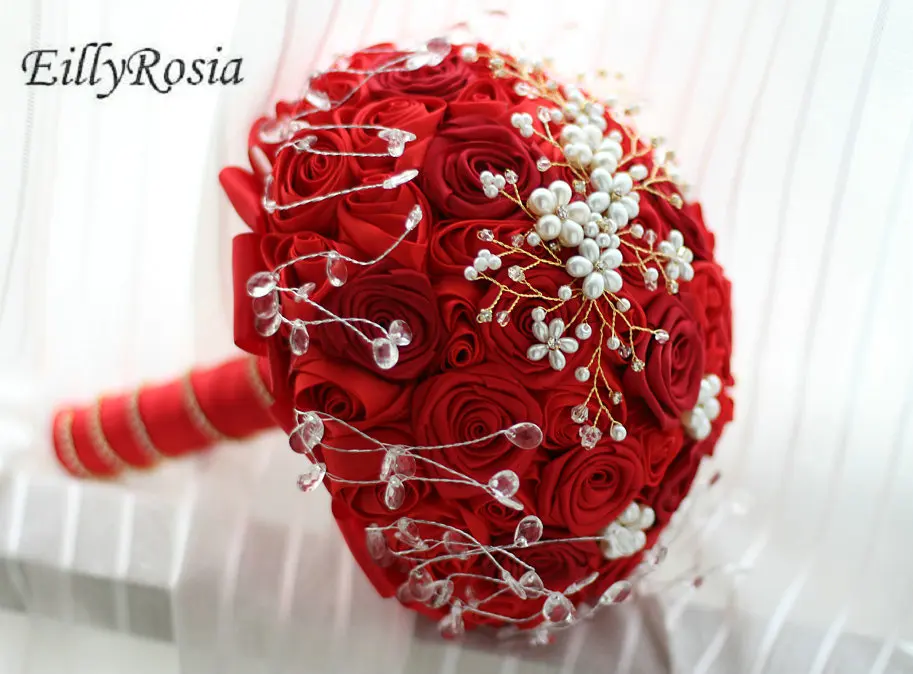 Bouquet da sposa rosso cinese Vintage perle fatte a mano gioielli spilla Bouquet retrò fiori artificiali da sposa con strass