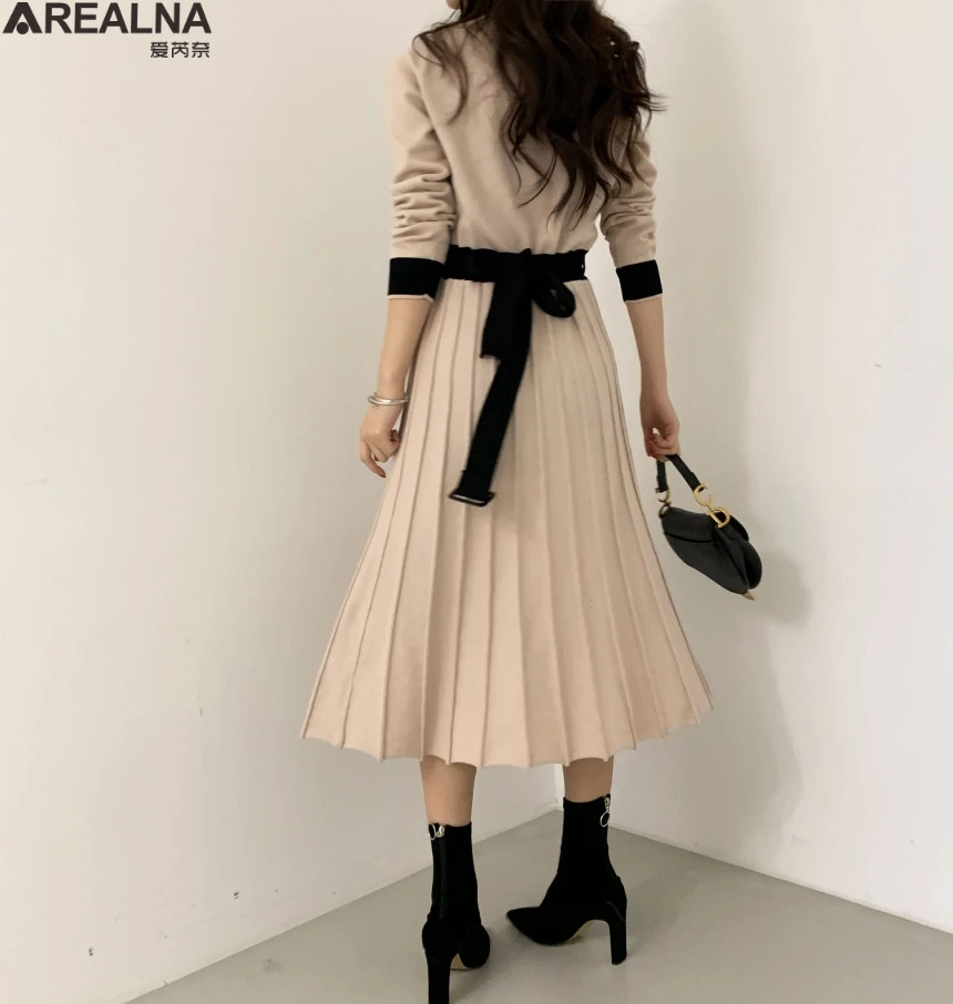 Korean Elegant Knitted Long Dress Women Long Sleeve Color-blocked 0-neck party woman dress A-line Pleated Dresses Vestidos 2020