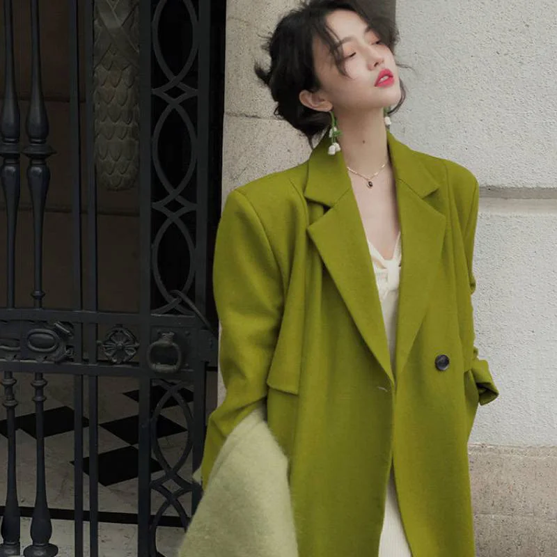 Women Woolen Coat Korean Loose Chic Cashmere Outwear Elegant Long Wool Coat Female Oversized Woolen Blends Overcoat Fall Winter