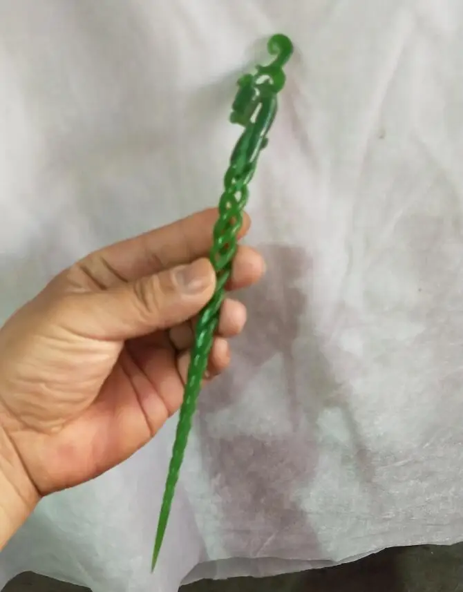 Longo 20cm!!! Coleção de arte chinês artesanal, pedra de jade verde dragão, prendedor de cabelo, estátua