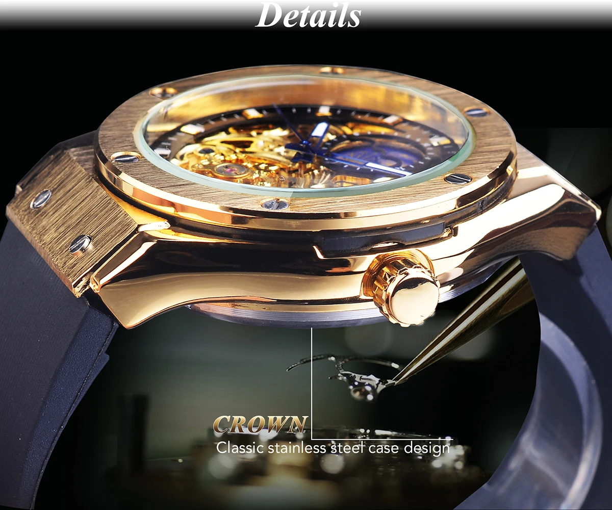 Forsining Royal Style Tourbillon Automatic Wristwatch Luxury Skeleton Mechanical Men Watch Silicone Strap Moon Pash Display Dial