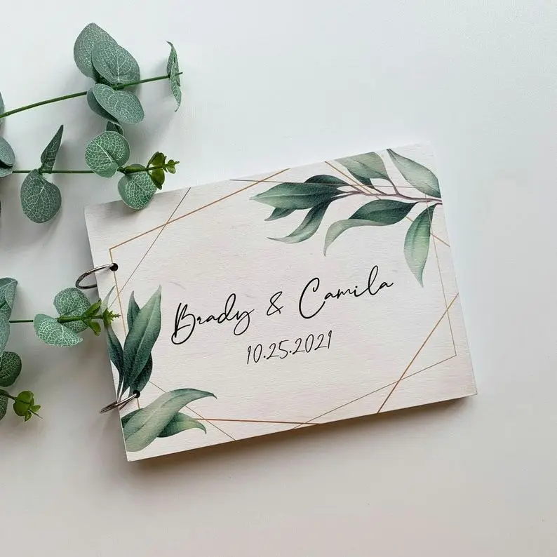 

Personalized Wooden Greenery Guestbook, Wedding Guest Book, Instant Photo Wedding Guestbook Album Geometric Guestbook