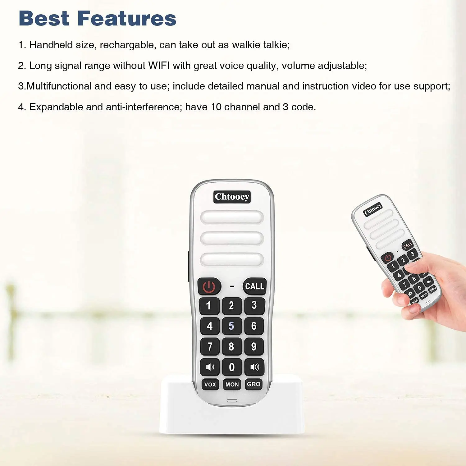 10 Channel Rechargeable Handheld Wireless Intercom System for Home Business Office, Home Room to Room Communication System