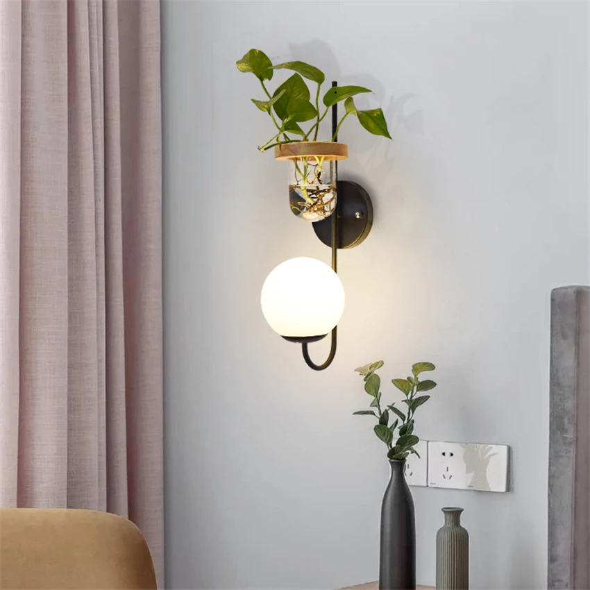 Nordic Bedroom Bedside Ball Glass Iron Wall Lamps Keep Green Plant Deco Lamp Living Dining Room Sconces Wall Lights Lighting