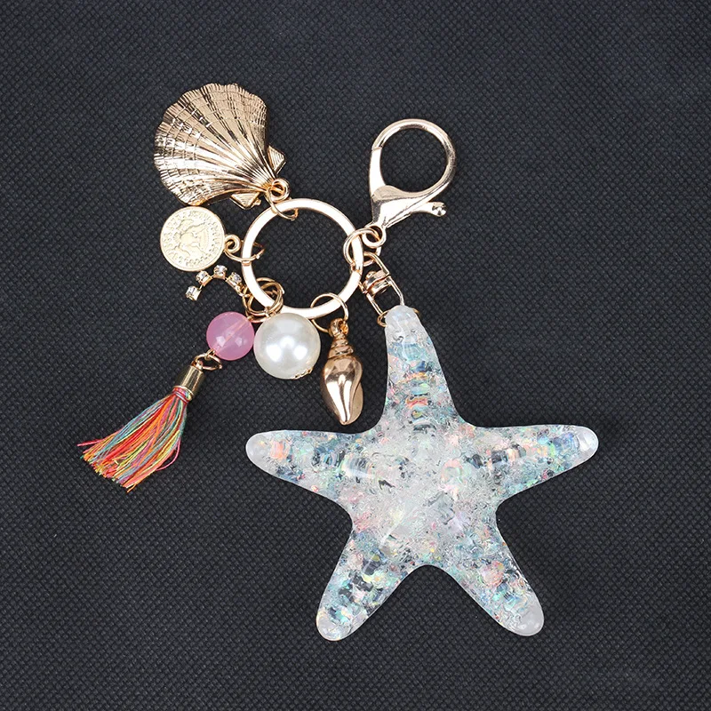 New Fantasy Cartoon Sea World Pearl Shell Starfish Keychain Pentagram Crystal Key chain Ladies Bag Car Key Alloy Pendant Jewelry