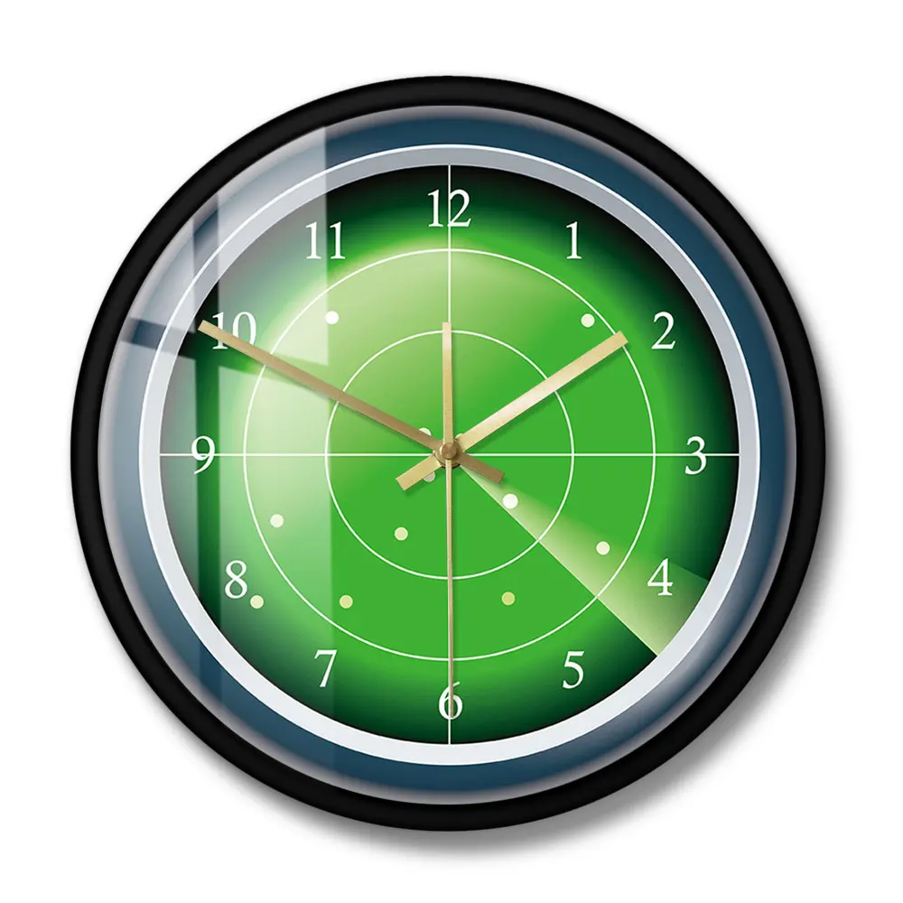 Military Green Radar Designer Wall Clock Hud Screen With Target Wall Art Aircraft Scanning Air Traffic Decorative Wall Watch