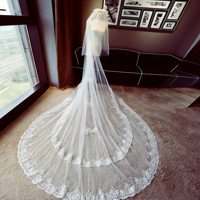 New Arrival White Bridal Veil Lace applique Cathedral Wedding veils with Bow wedding accessories Boda mariage Matrimonio