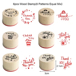 6Pcs Thank You Wood Rubber Stamp for Scrapbooking Blessing Greeting Letter For You Good Luck Handmade Craft Round Wooden Stamp