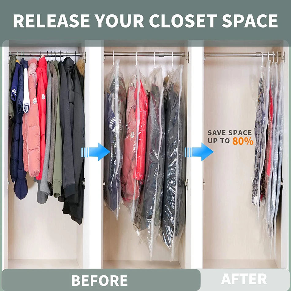 Vacuum Storage Bags For Storing Clothes,Space Saving Wardrobe Compressed Bag With Hanger,Side Pull Closet Organizer Dust Cover