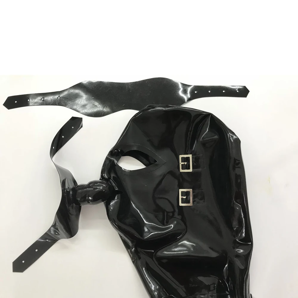 Black Women Men Latex Rubber Mask with Eyes Cover Plug Gag Attached to Mouth Piece Handmade S-LM178