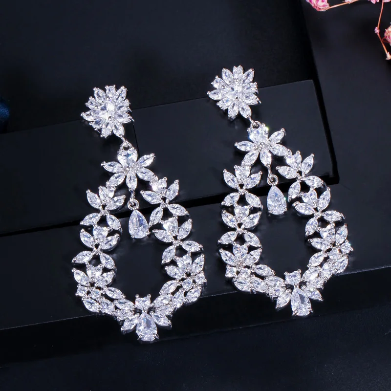 CWWZircons Vintage Design Large Party Jewelry Cubic Zirconia Setting Long Flower Drop Big Size Fancy Earrings for Women CZ087