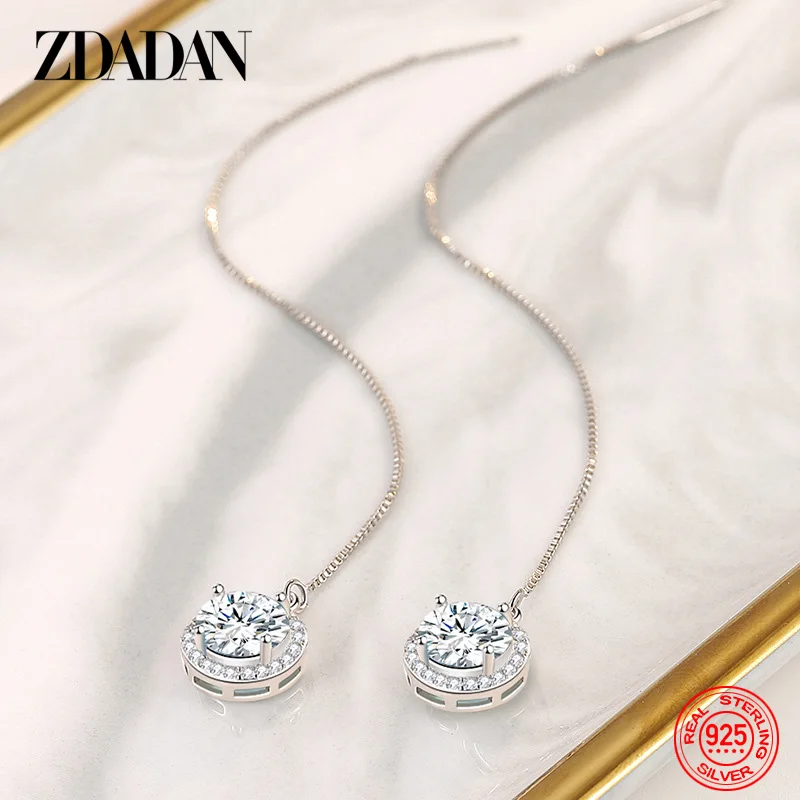 ZDADAN 925 Sterling Silver Ball Blue Crystal Long Chain Drop Earrings For Women Fashion Jewelry Gift