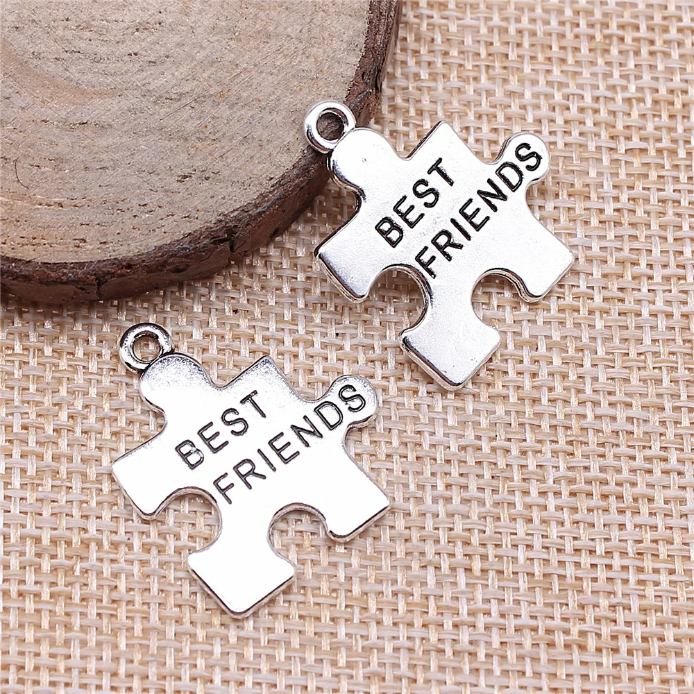 free shipping 19pcs 27x24mm antique silver best friends puzzle charms diy retro jewelry fit Earring keychain hair card pendant