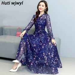 2024 Autumn Winter Floral Chiffon Vintage Midi Dress Casual Boho Beach Maxi Dress Women Bodycon Party Black Evening Prom Vestido