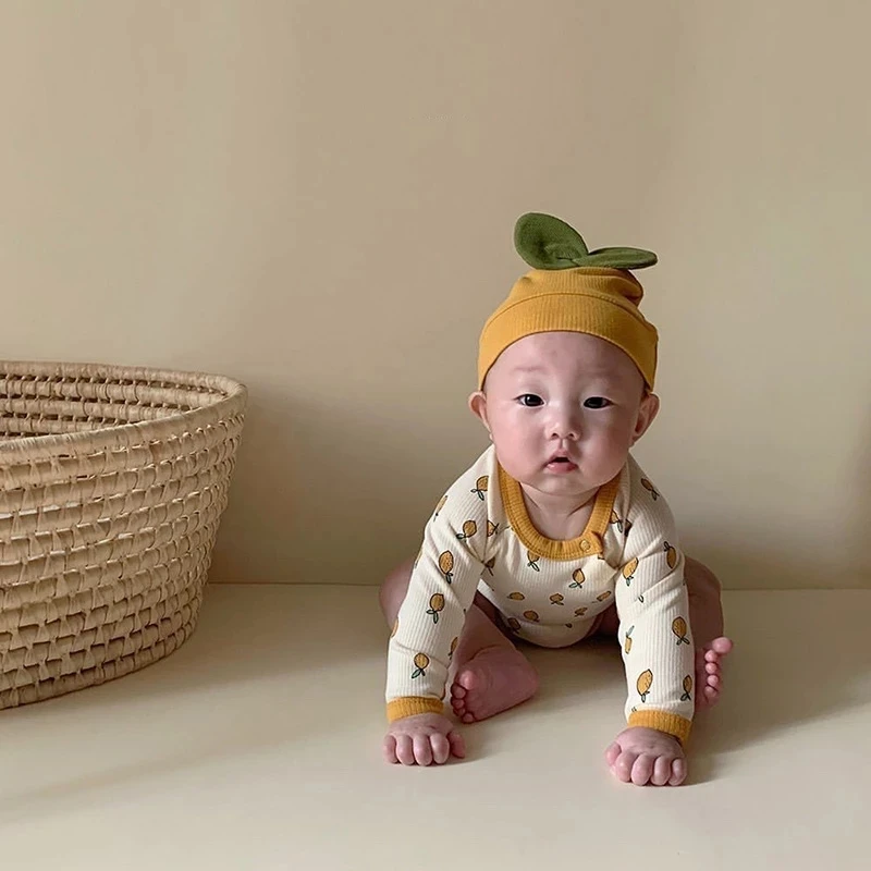 MILANCEL Newborn Baby Clothes Lemon Print Baby Bodysuit Cute Baby Hat Toddler Boys Bodysuit Set baby Indoor Clothes