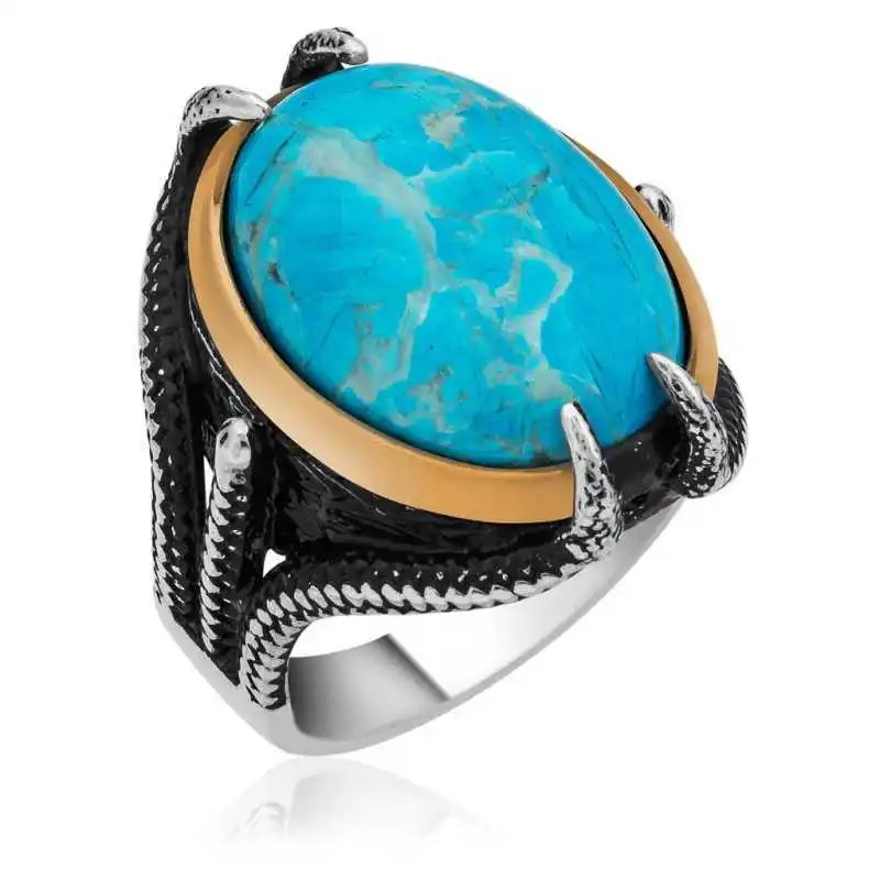 Silver Eagle Claw Turquoise Stone Men's Ring - 925 Sterling Men's Jewelry Wedding Birthday Gift - Box - Male - Fashion - Botiva - Size - Turkish - Patterned Embroidery