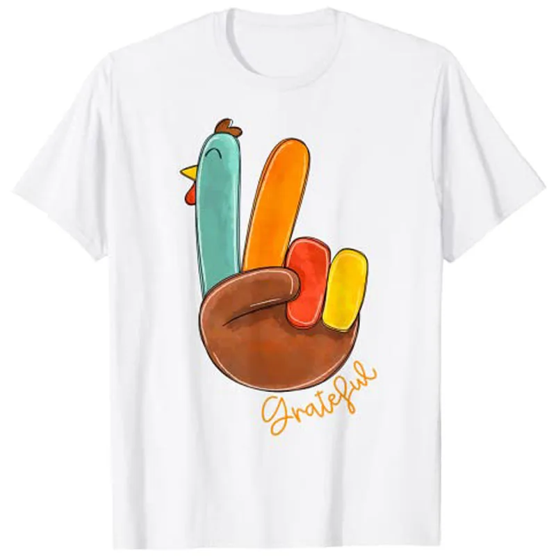 Peace Love Turkey Grateful Turkey Hand Sign Thanksgiving T-Shirt Graphic Tee Tops