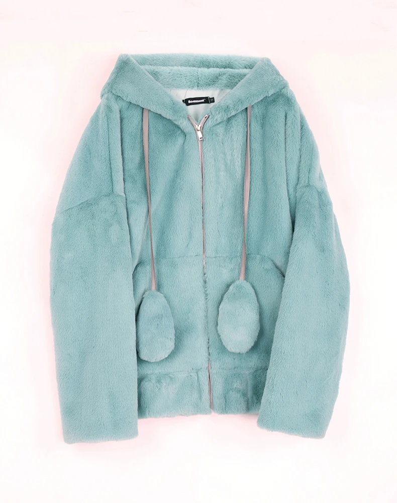Nerazzurri Spring Fluffy Jacket with Rabbit Ears Raglan Sleeve Zipper Oversize Light Soft Harajuku Kawaii Faux Fur Hoodie 2021