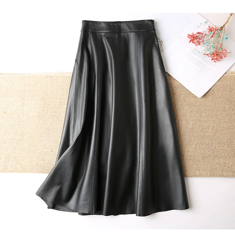 Women Clothing 2023 Spring New Genuine Leather Skirt Femme High Waist A-line Long Jupe Mujer Umbrella Dark Green Faldas Largas