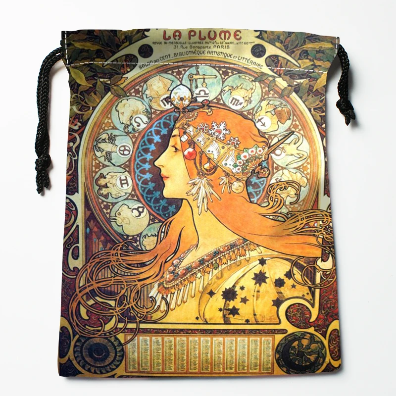 Nuovo arrivo Alphonse Mucha Borse con coulisse Stampa 18X22CM Morbido tessuto di raso Resuable Storage Storage Borsa per vestiti Scarpe Borse