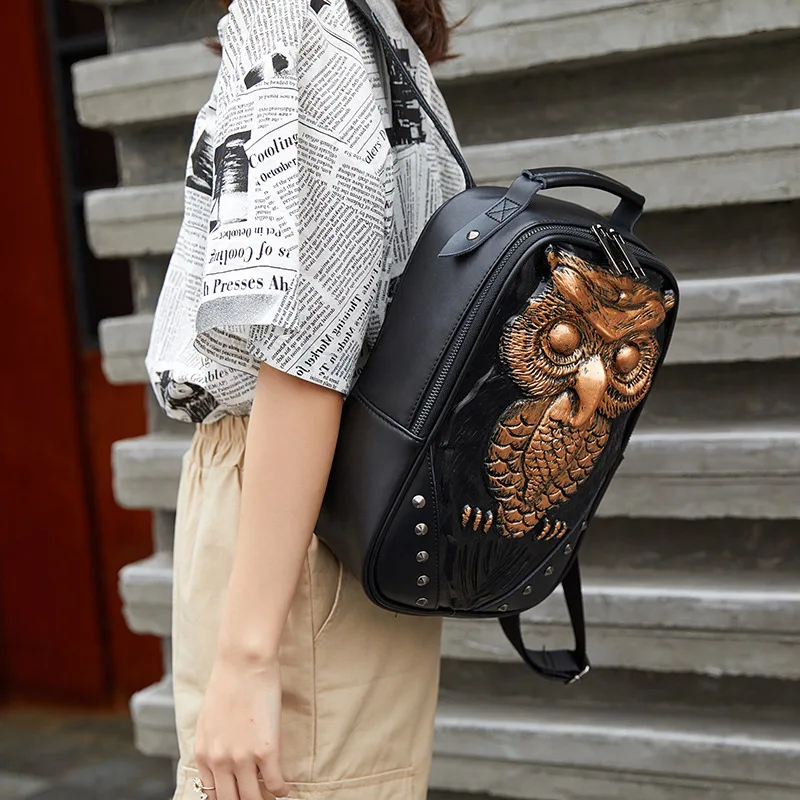 Animal Cool Women 3D Owl Small Backpack High Quality Ladies Backpack Purse Cute Black Daypack for Girls