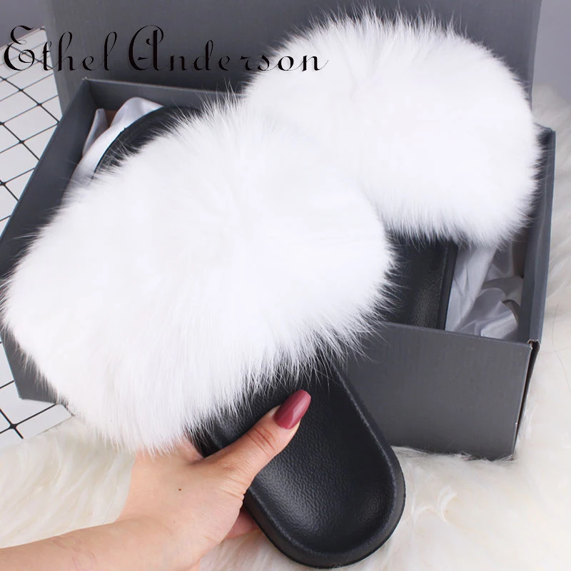 Cute Plush Natural Fox Hair Slippers Hot Women Furry Slippers Ladies  Real Fur Slippers Summer Casual Fashion Slippers for Women