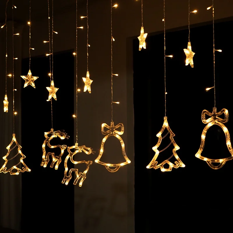 Solar Elk Bell Deer Curtain String Fairy Lights for Home Christmas Ornaments Noel Xmas Window Decor New Year 2021