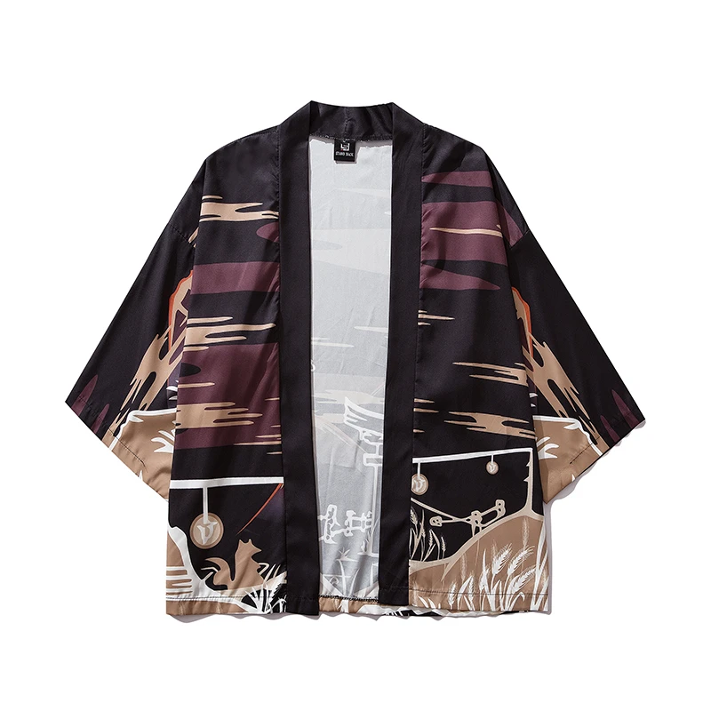 Bebovizi Japan Style Printed Black Thin Kimono Men Japanese Streetwear Ukiyo E Jackets 2019 Casual Outerwear Robe