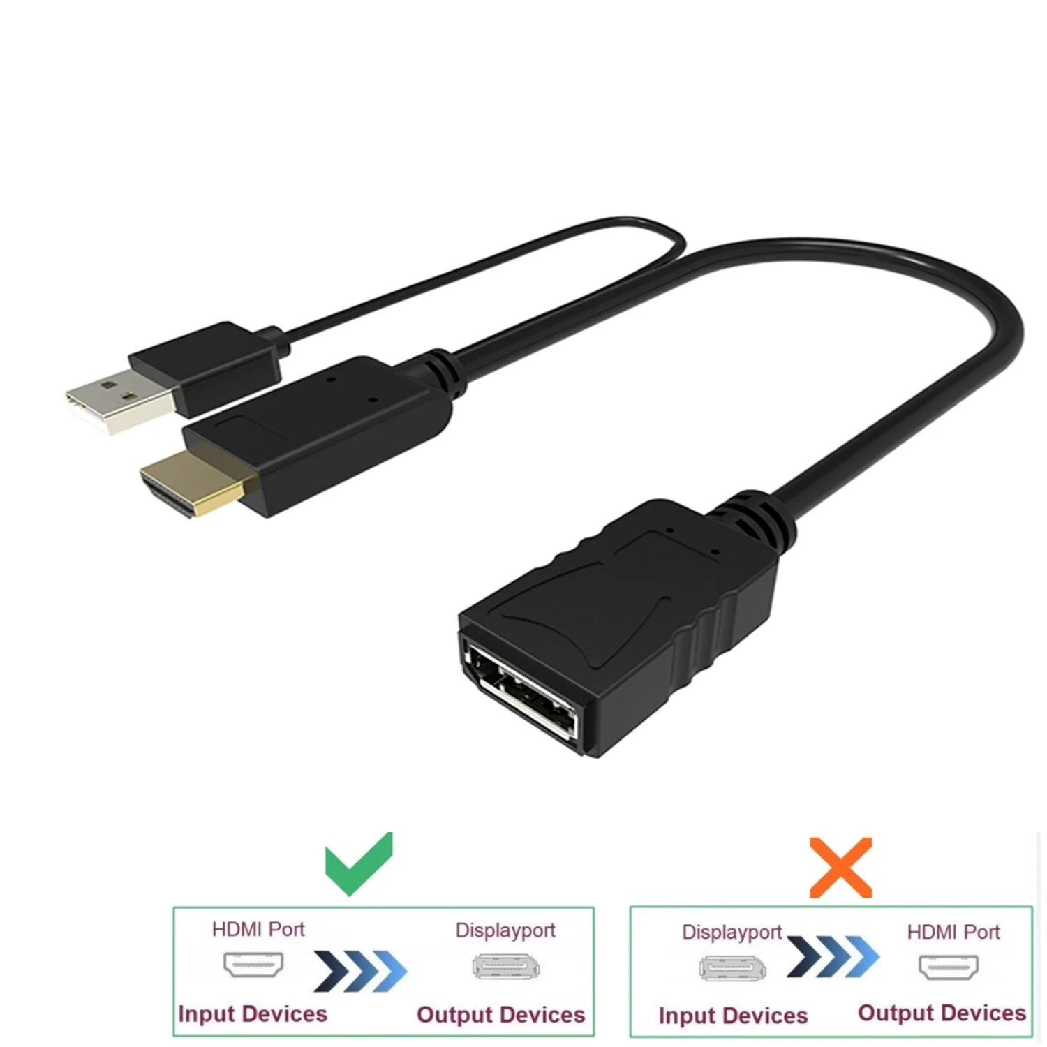 HDMI Male Extensions 3840x2160 UHD 4K to DisplayPort Female  Adapter 15cm Cable with USB2.0 Power for HDMI PC DP Display