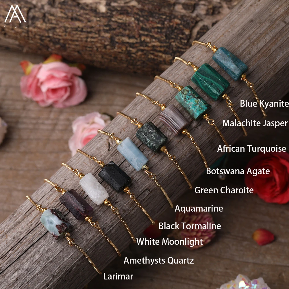 Natural African Turquoises Aquamarines White Moonlight Stone Single Chunky Nugget Beads Gold Chains Adjustable Bracelet Jewelry