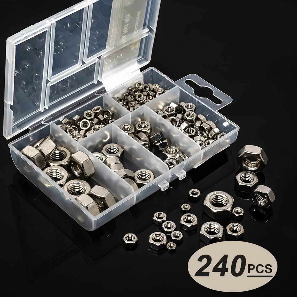 

T.K. Excellent 304 Stainless Steel Hex Hexagon Nuts M3 M4 M5 M6 M8 M10 Kits ,240 Pcs Hex Hexagon Self locking Nut Kit