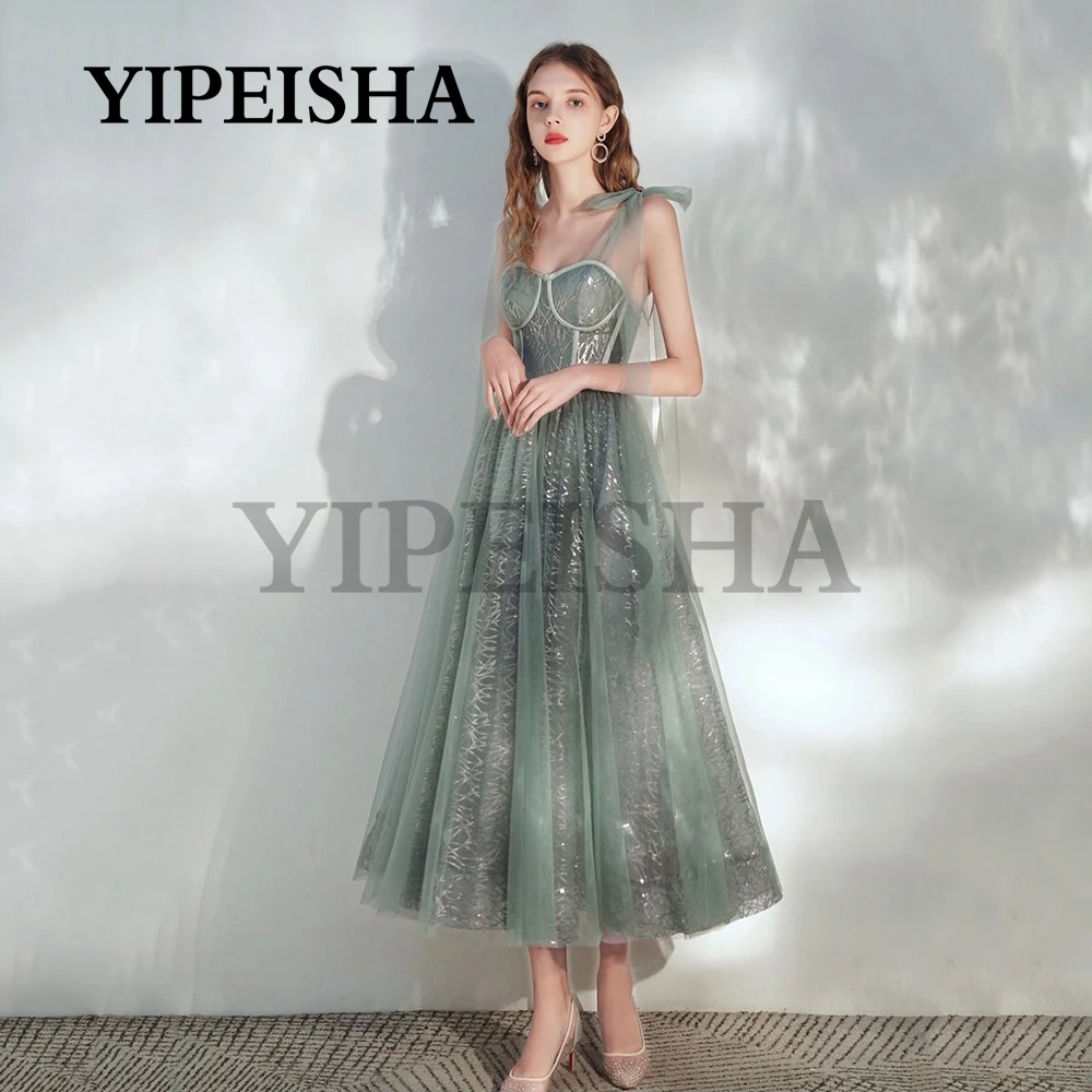 Vestidos de noche con lentejuelas brillantes, escote Corazón, Espalda descubierta, tirantes finos, verde salvia, para fiesta de graduación