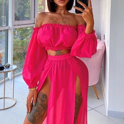 NEW Women Beach 2pcs Bikini Cover-Ups Swimsuit Off Shoulder Top+High Waist Dresss Sexy Ladies Swimming Cover Up Bathing Suit