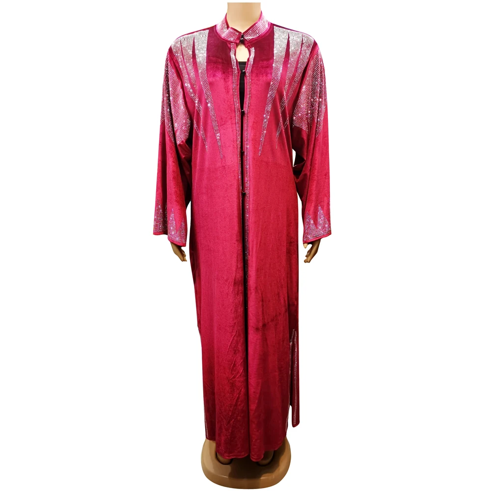 Muslim Kaftan Abaya Dress Women Stand Neck Diamonds Button Pleuche Coat Dress Elegant African Boubou without Lining