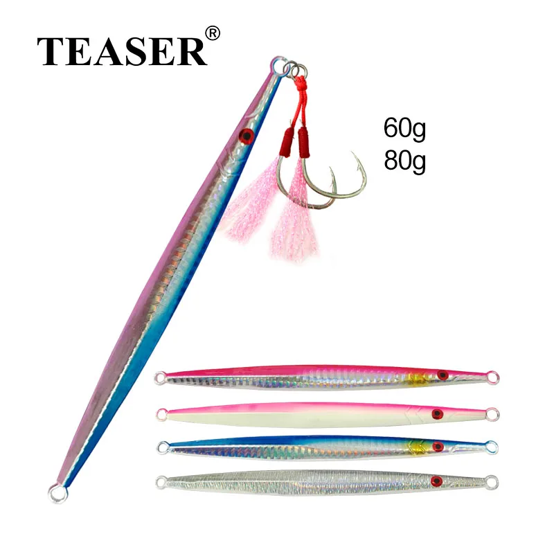 TEASER J5 60g 80g Fishing Tackle Fast Falling Sinking Jig Lure Hard Metal Fishing Bait Saltwater Vertical Glow Jig With Hooks