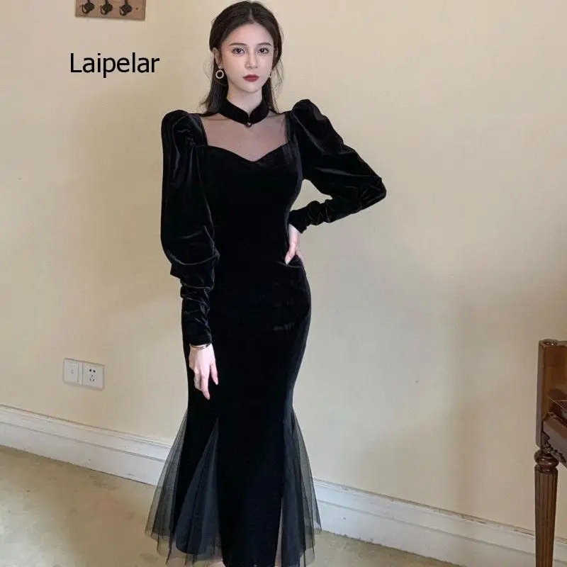 French Vintage Black Women 2021 Spring Long Sleeve Slim Party Dress Female One Piece Koran Winter Wear