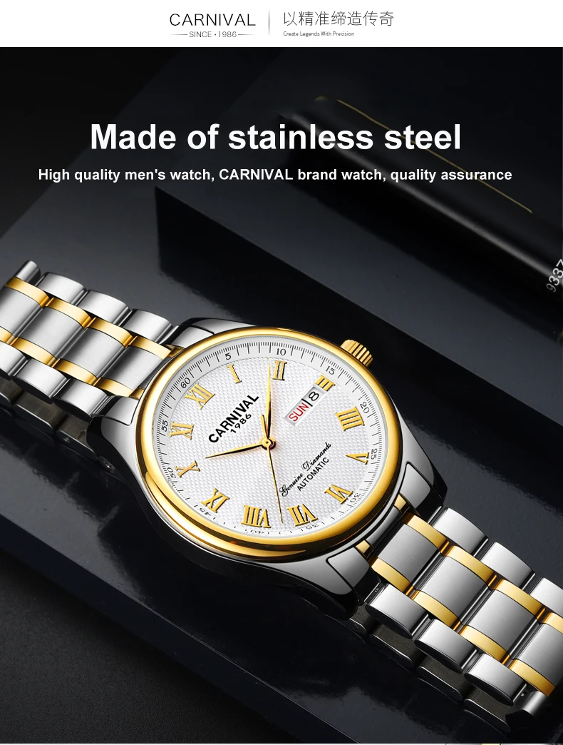 CARNIVAL Luxury Brand Automatic Mechanical Watches Men Roman Dial Date Waterproof Watch Stainless Steel Strap Montre Homme New