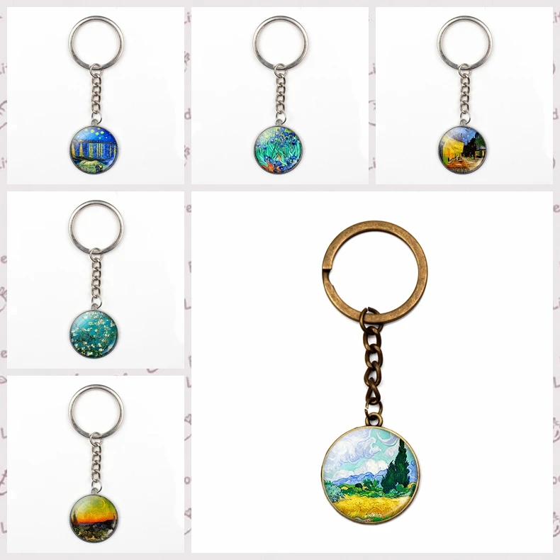 Llavero Vintage con colgante de pintura al óleo de Van Gogh para hombre y mujer, diseño de paisaje de calle, Luna, noche, girasol, baratijas hechas a mano