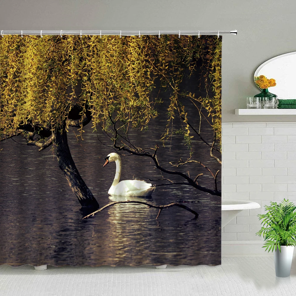 Oil Painting Scenery Shower Curtains Flowers Plant Swan Spring Landscape Bath Curtain Waterproof Bathroom Decor Polyester Cloth