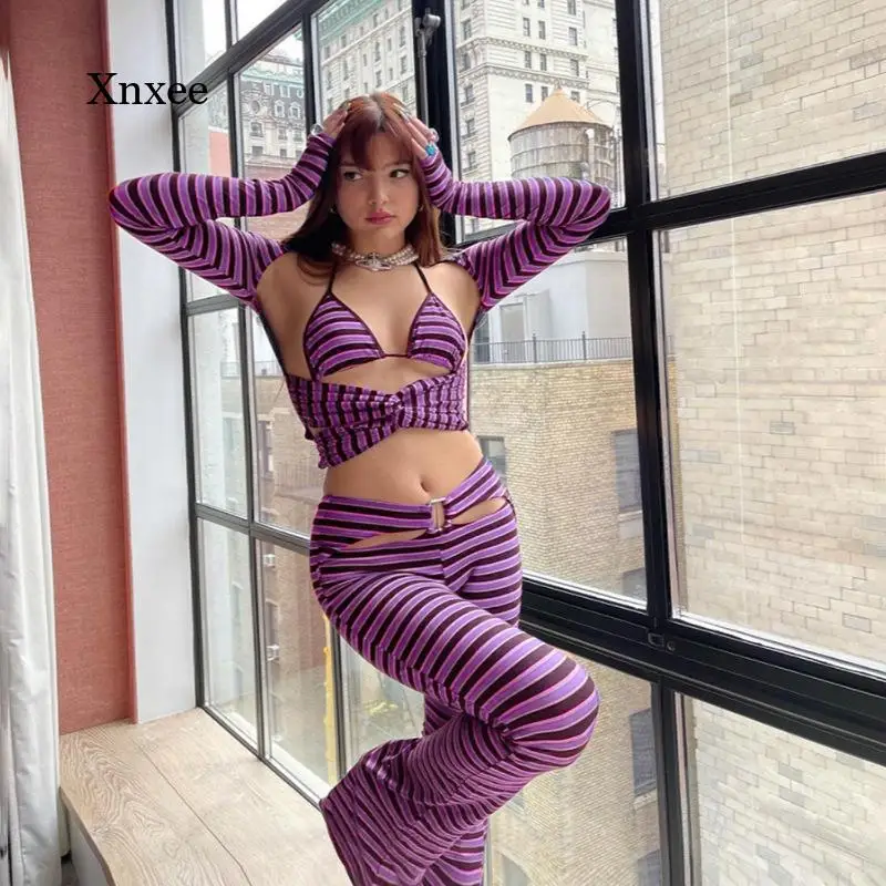 

2021 New Summer Stripe Hollow Mid Waist Y2K Flared Pants Casual Chic Harajuku Women Streetwear Trousers Skinny Elastic Bottoms