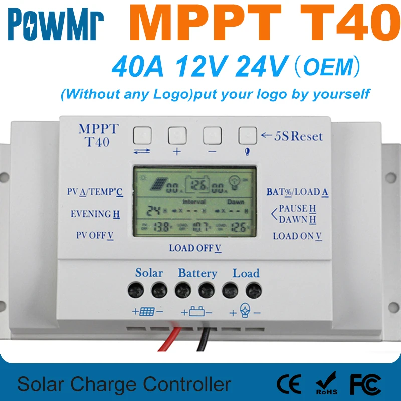 Imagem -03 - Oem Mppt 40a 12v 24v Controlador de Carga Solar sem Qualquer Logotipo na Superfície T40 Lcd Solar Regulador Preço por Atacado para Revenda