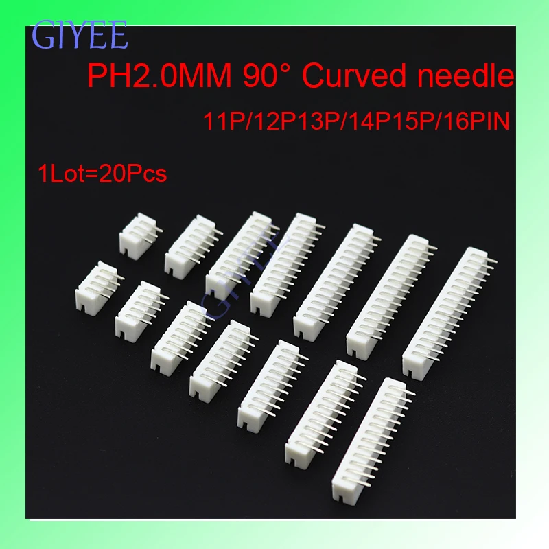 20PCS/Lot PH2.0 Right Angle pin Header 11/12/13/14/15/16PIN PH-AW PH 2.0mm pitch 90 degree bending needle PCB wire Connectors