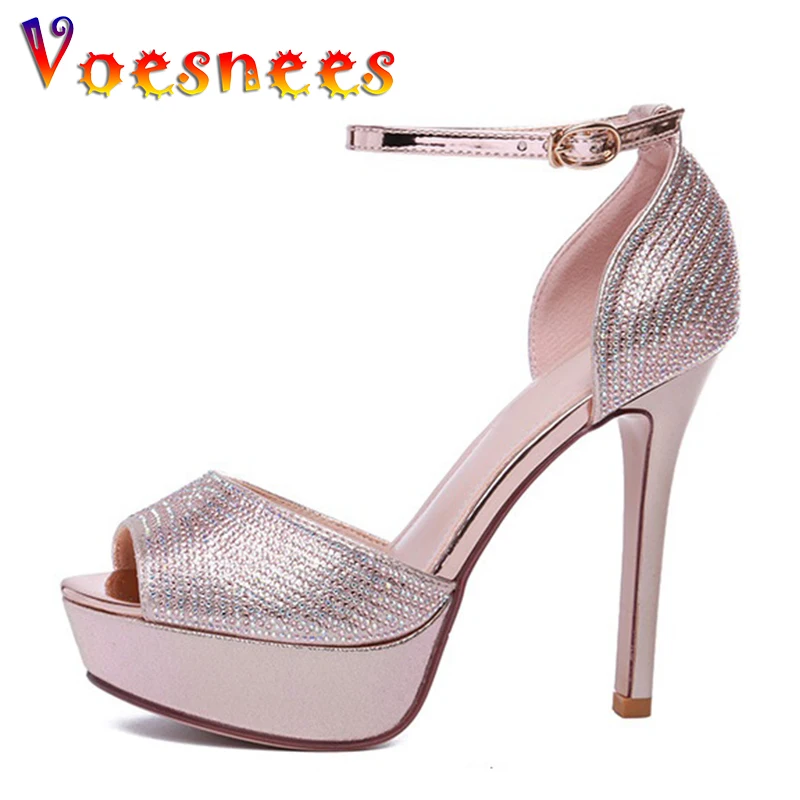 

Voesnees Women's Sandals Gold Glitter Ankle Ring Fish Mouth OpenToe Elegant Sexy Generous Fine Heel 12CM Model Catwalk Shoes