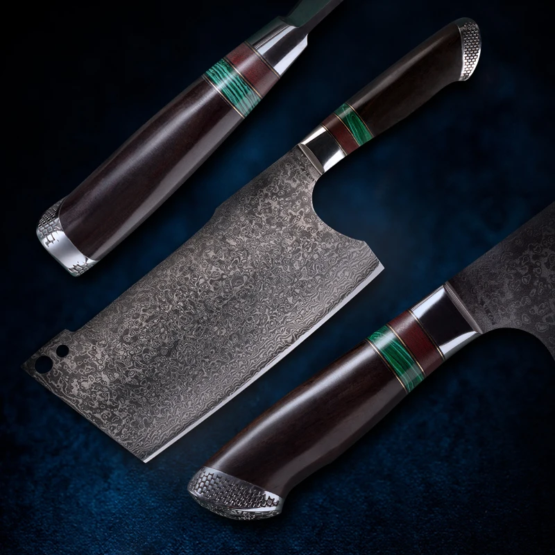 

FZIZUO 7" Chinese Cleaver 103 Layers Damascus Steel Blade Sandalwood and Turquoise Handle Slicing Kitchen Cuisine Cook Knives