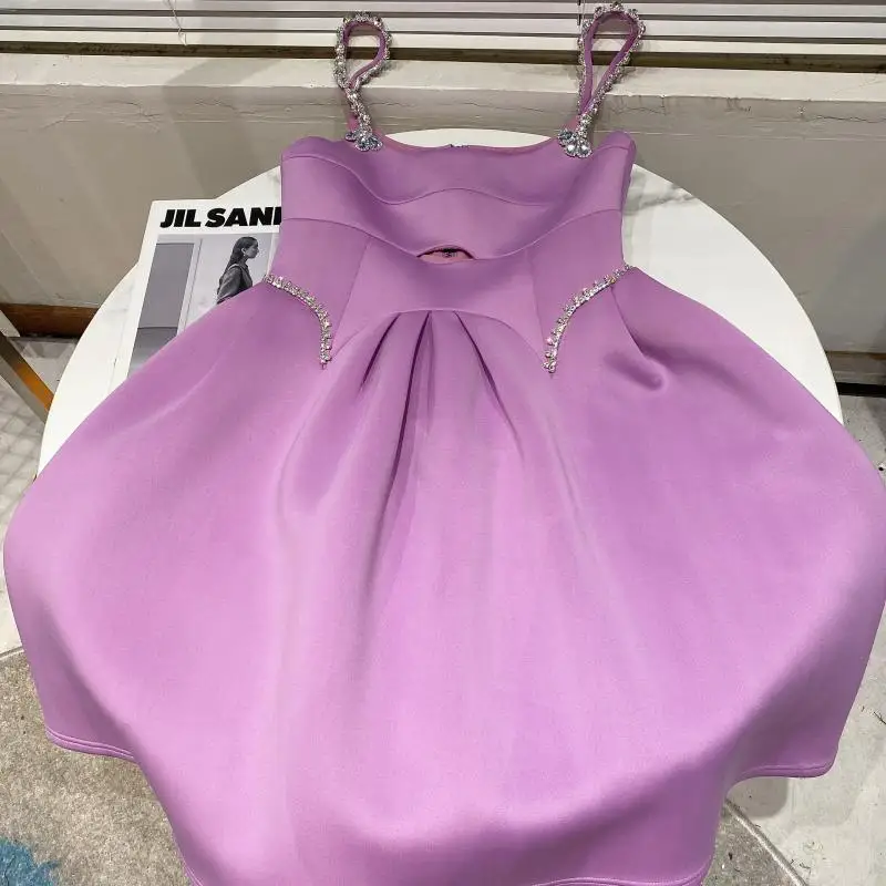 Diamond Purple spaghetti strap Dress women summer sleevless Birthday Party Evening ball gown Dress